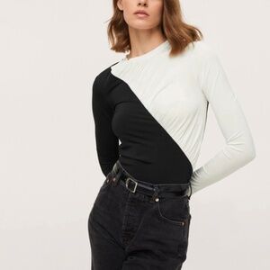 Mango black & white long sleeve top w/ ruching detail